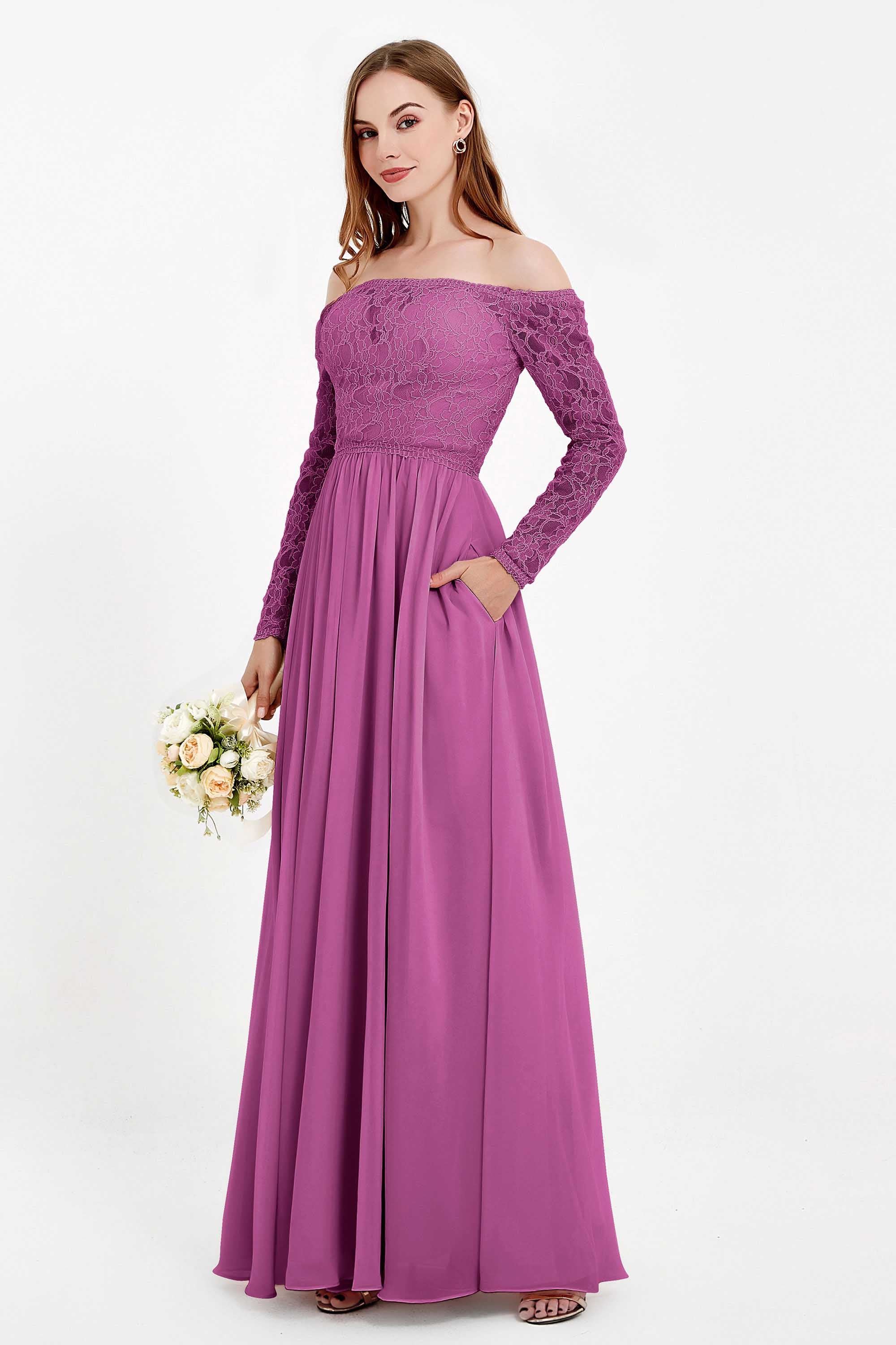 Flowy Chiffon Lace off the shoulder Bridesmaid Dress Long sleeves Formal Evening Party Dresses
