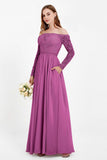Flowy Chiffon Lace off the shoulder Bridesmaid Dress Long sleeves Formal Evening Party Dresses