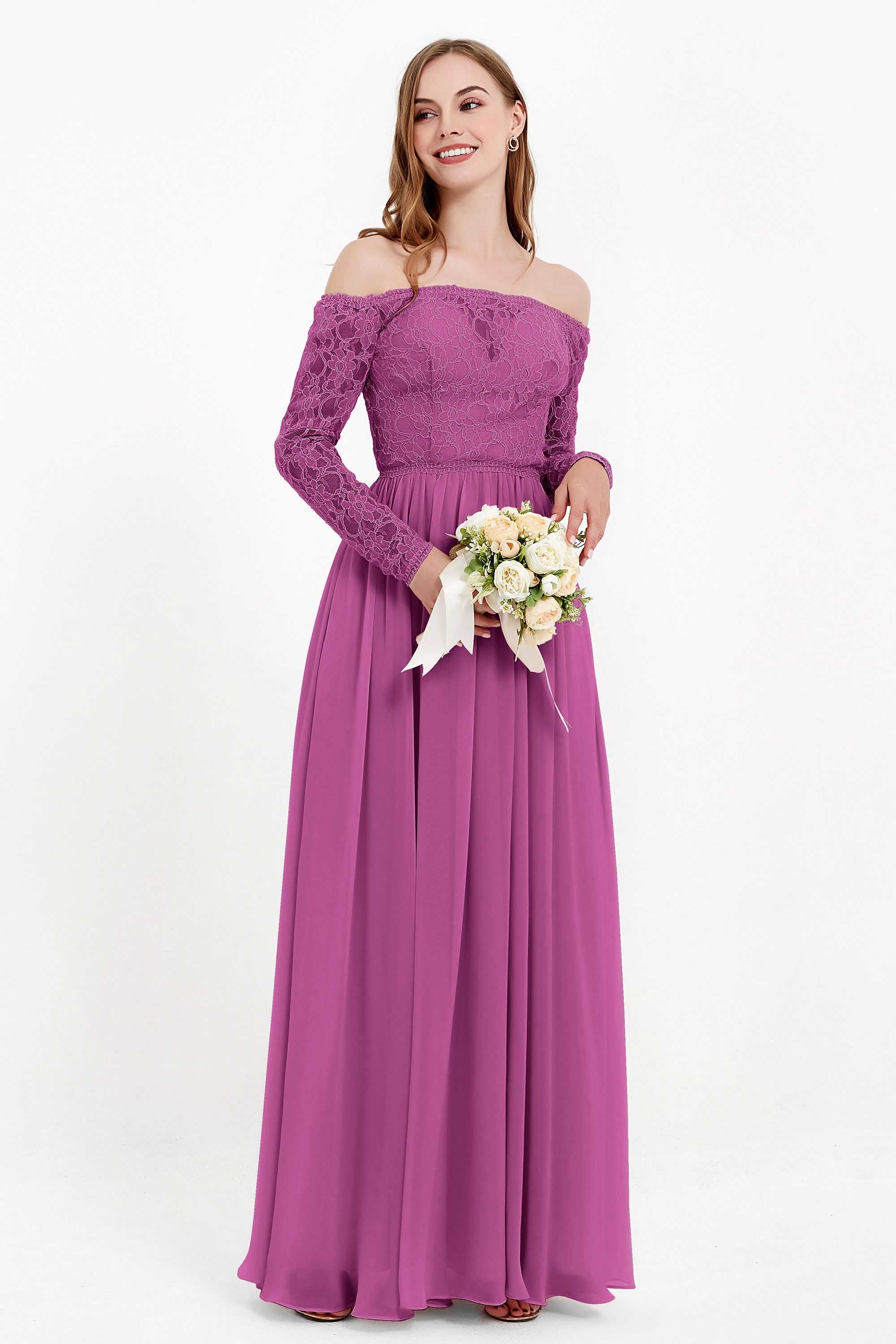 Flowy Chiffon Lace off the shoulder Bridesmaid Dress Long sleeves Formal Evening Party Dresses