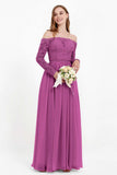 Flowy Chiffon Lace off the shoulder Bridesmaid Dress Long sleeves Formal Evening Party Dresses