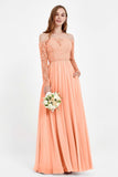Flowy Chiffon Lace off the shoulder Bridesmaid Dress Long sleeves Formal Evening Party Dresses