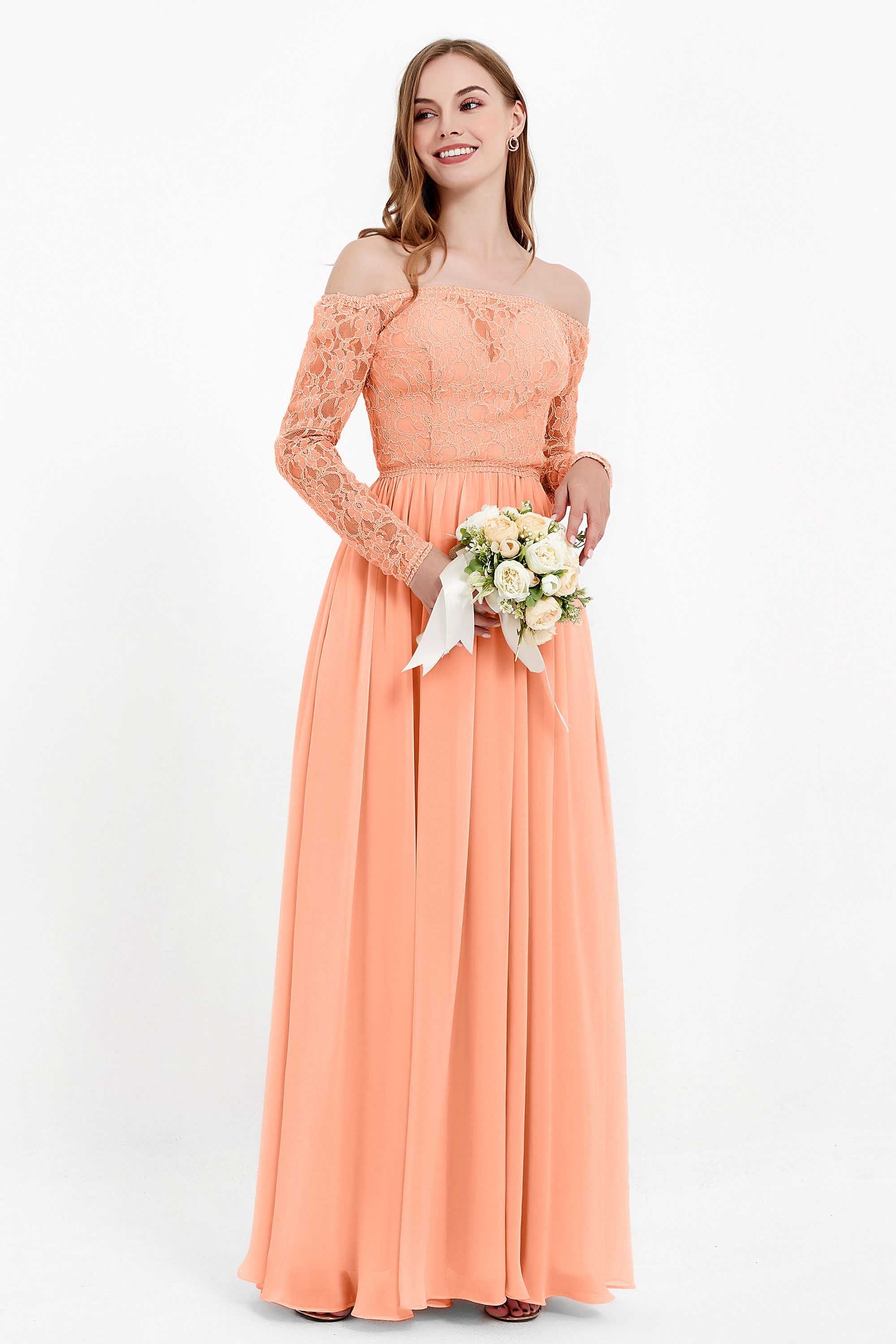 Flowy Chiffon Lace off the shoulder Bridesmaid Dress Long sleeves Formal Evening Party Dresses