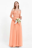 Flowy Chiffon Lace off the shoulder Bridesmaid Dress Long sleeves Formal Evening Party Dresses
