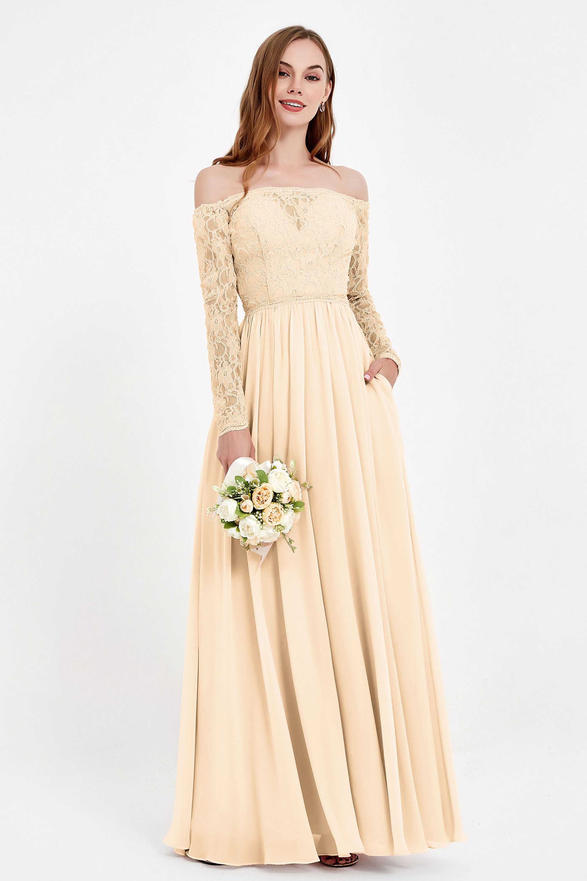 Flowy Chiffon Lace off the shoulder Bridesmaid Dress Long sleeves Formal Evening Party Dresses