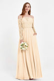 Flowy Chiffon Lace off the shoulder Bridesmaid Dress Long sleeves Formal Evening Party Dresses