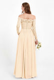 Flowy Chiffon Lace off the shoulder Bridesmaid Dress Long sleeves Formal Evening Party Dresses