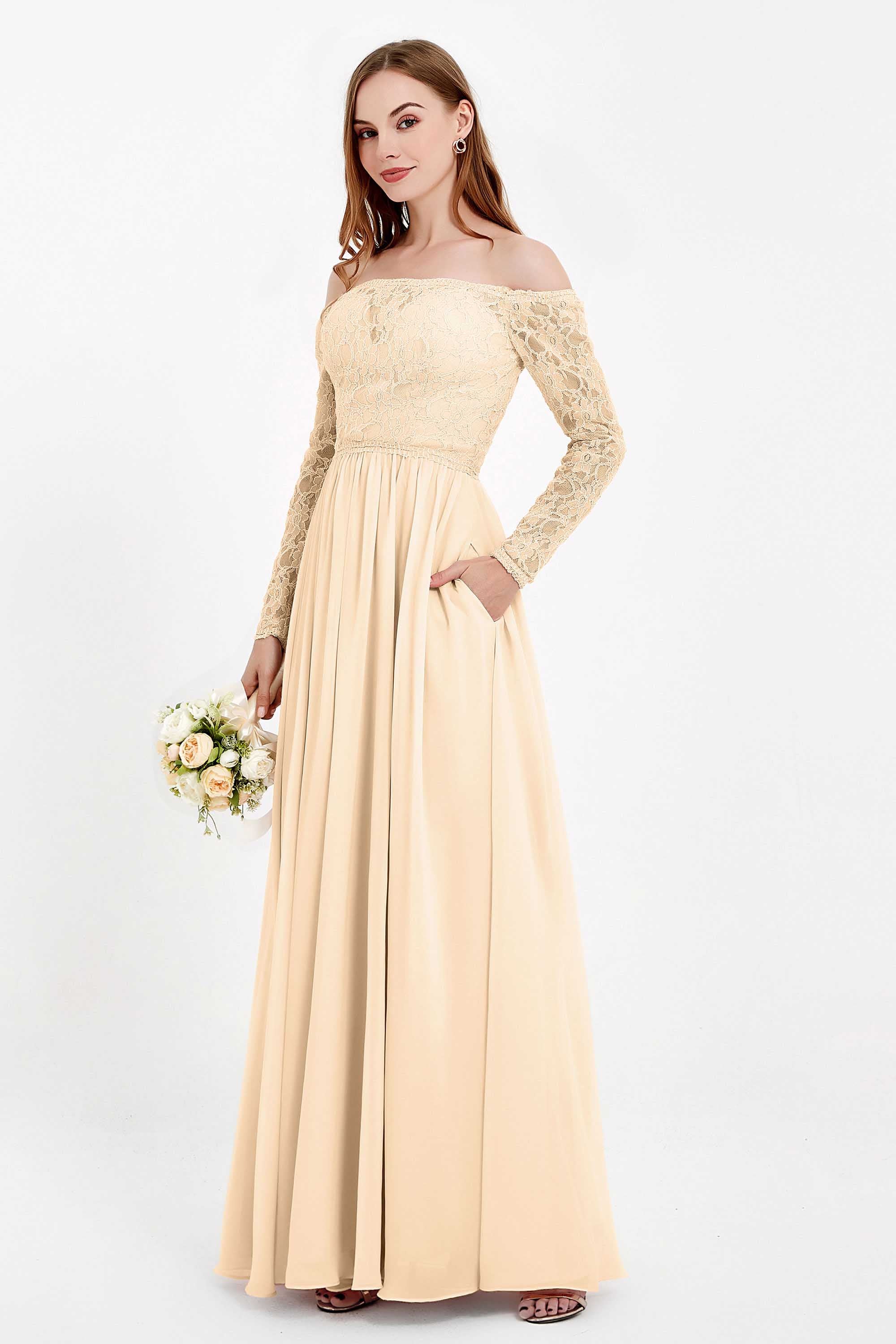 Flowy Chiffon Lace off the shoulder Bridesmaid Dress Long sleeves Formal Evening Party Dresses