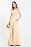 Flowy Chiffon Lace off the shoulder Bridesmaid Dress Long sleeves Formal Evening Party Dresses