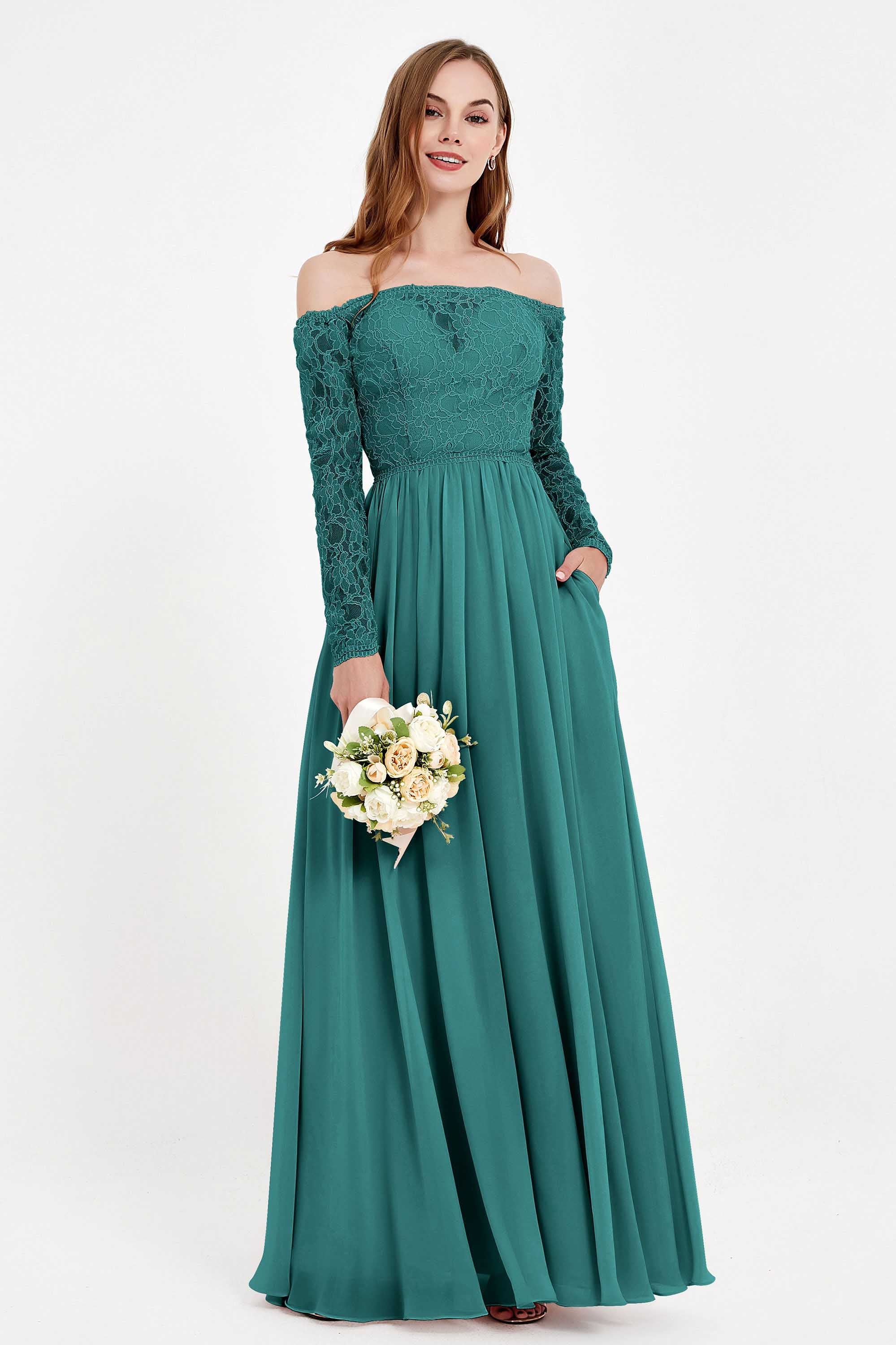 Flowy Chiffon Lace off the shoulder Bridesmaid Dress Long sleeves Formal Evening Party Dresses