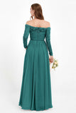 Flowy Chiffon Lace off the shoulder Bridesmaid Dress Long sleeves Formal Evening Party Dresses