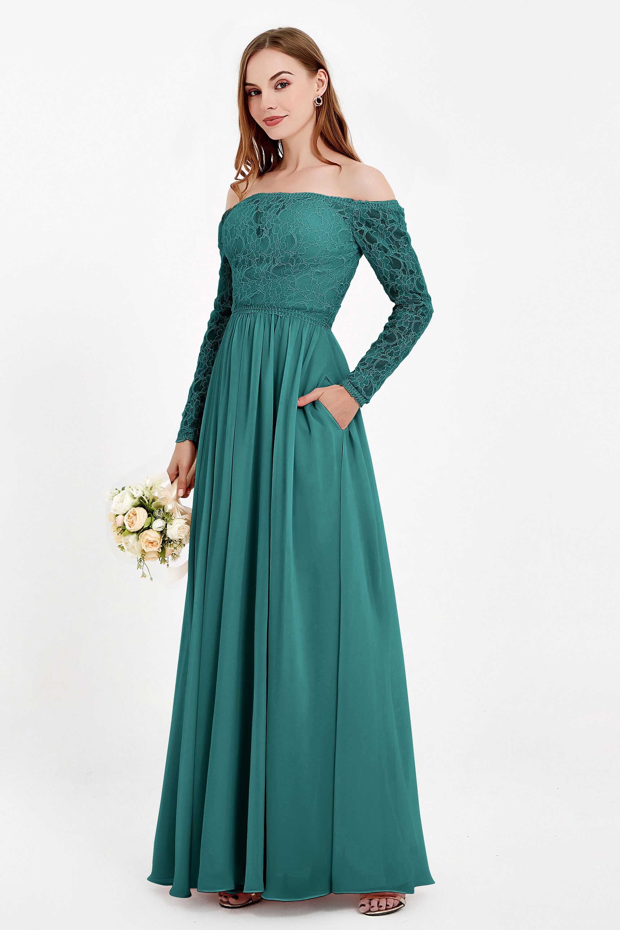 Flowy Chiffon Lace off the shoulder Bridesmaid Dress Long sleeves Formal Evening Party Dresses