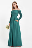 Flowy Chiffon Lace off the shoulder Bridesmaid Dress Long sleeves Formal Evening Party Dresses