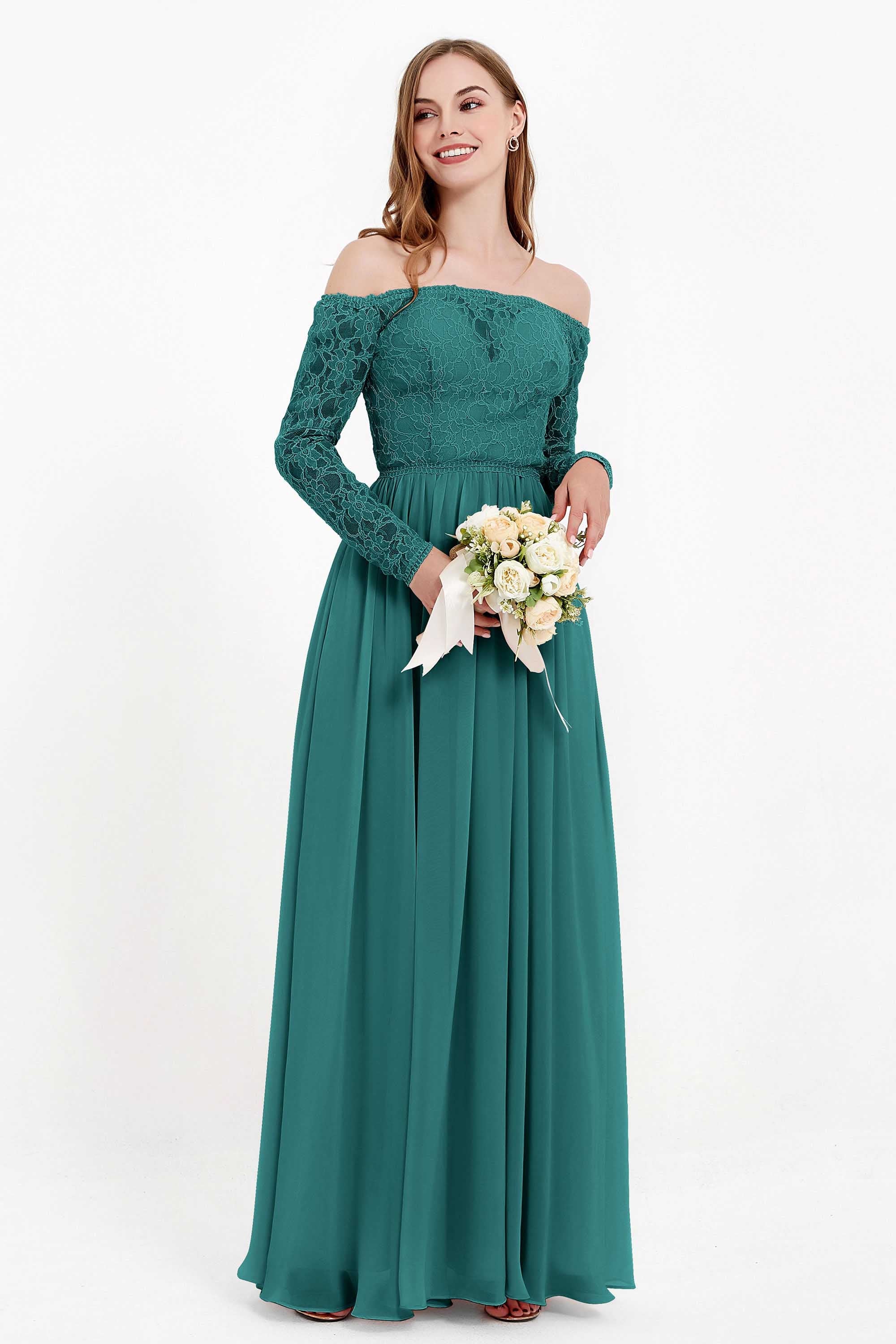 Flowy Chiffon Lace off the shoulder Bridesmaid Dress Long sleeves Formal Evening Party Dresses