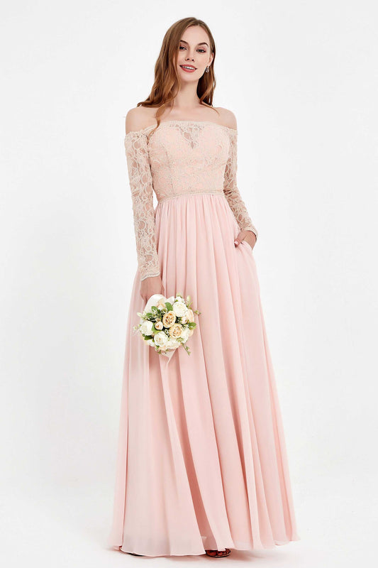 Flowy Chiffon Lace off the shoulder Bridesmaid Dress Long sleeves Formal Evening Party Dresses
