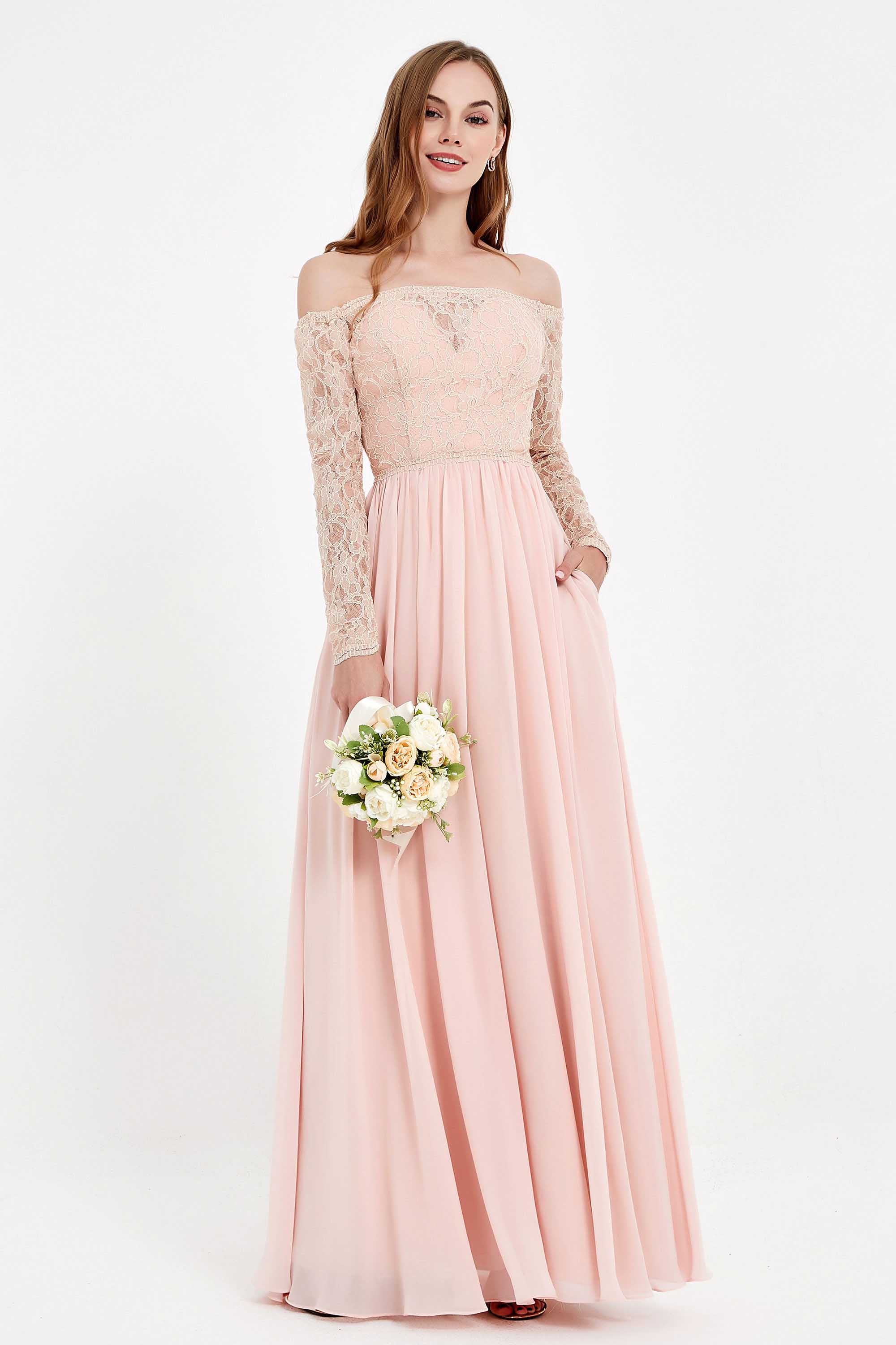 Flowy Chiffon Lace off the shoulder Bridesmaid Dress Long sleeves Formal Evening Party Dresses