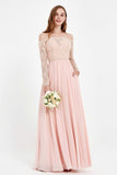 Flowy Chiffon Lace off the shoulder Bridesmaid Dress Long sleeves Formal Evening Party Dresses