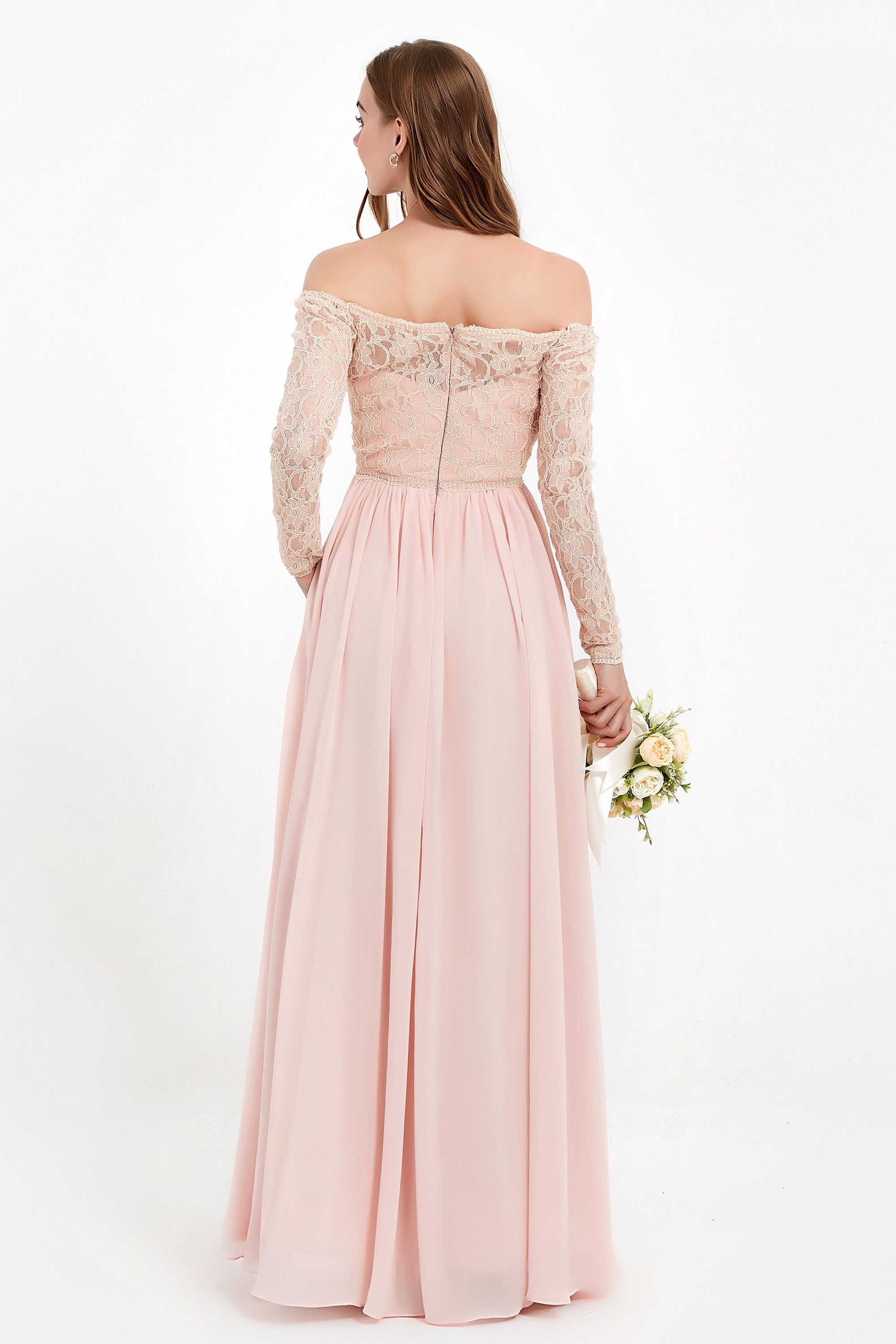 Flowy Chiffon Lace off the shoulder Bridesmaid Dress Long sleeves Formal Evening Party Dresses