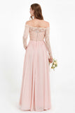 Flowy Chiffon Lace off the shoulder Bridesmaid Dress Long sleeves Formal Evening Party Dresses