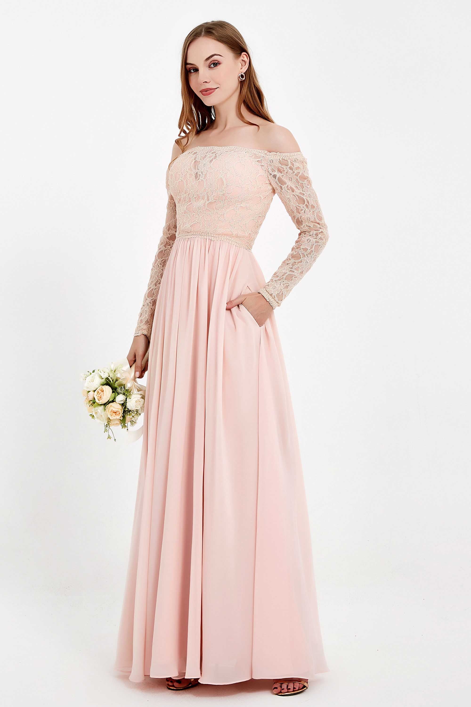 Flowy Chiffon Lace off the shoulder Bridesmaid Dress Long sleeves Formal Evening Party Dresses