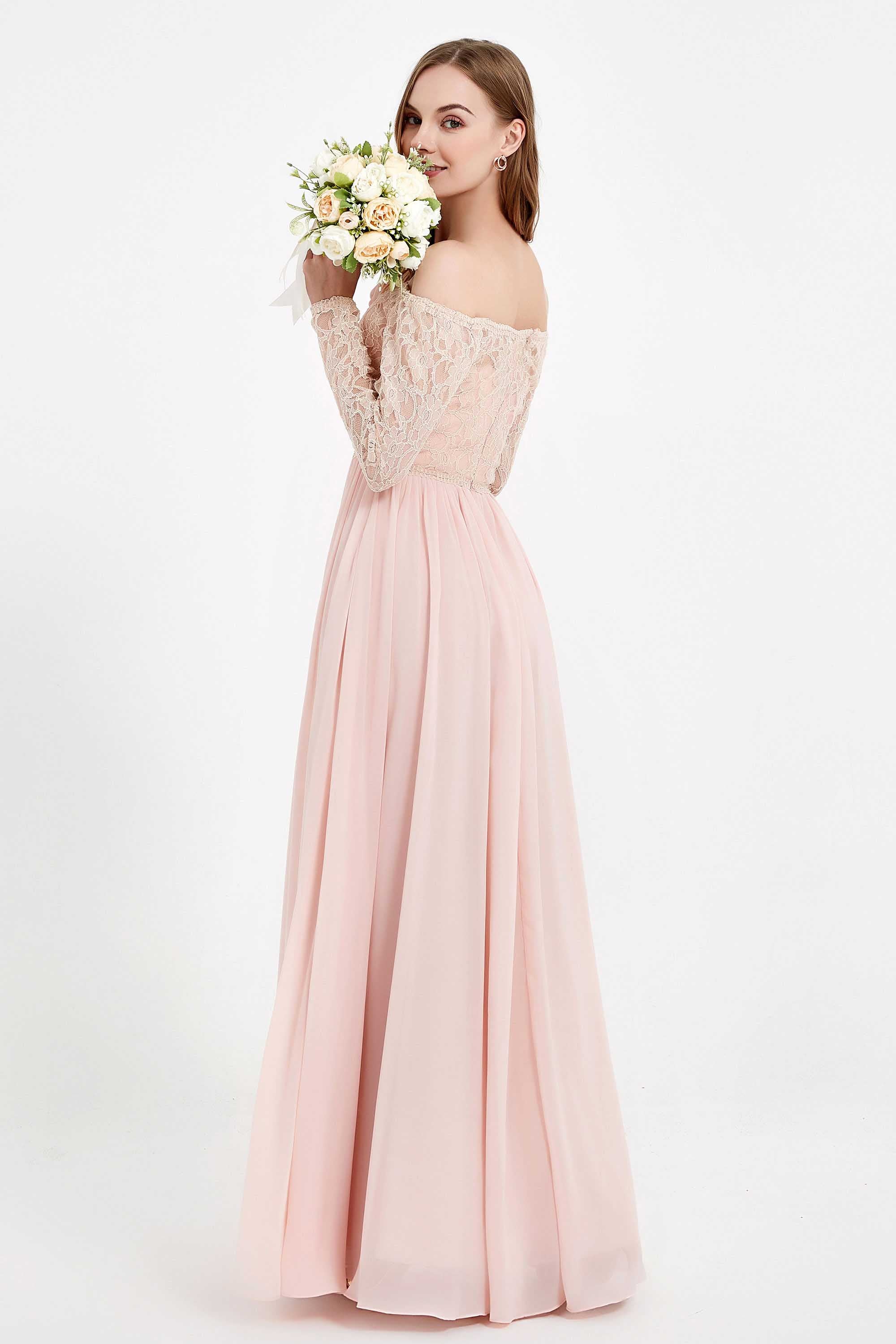 Flowy Chiffon Lace off the shoulder Bridesmaid Dress Long sleeves Formal Evening Party Dresses