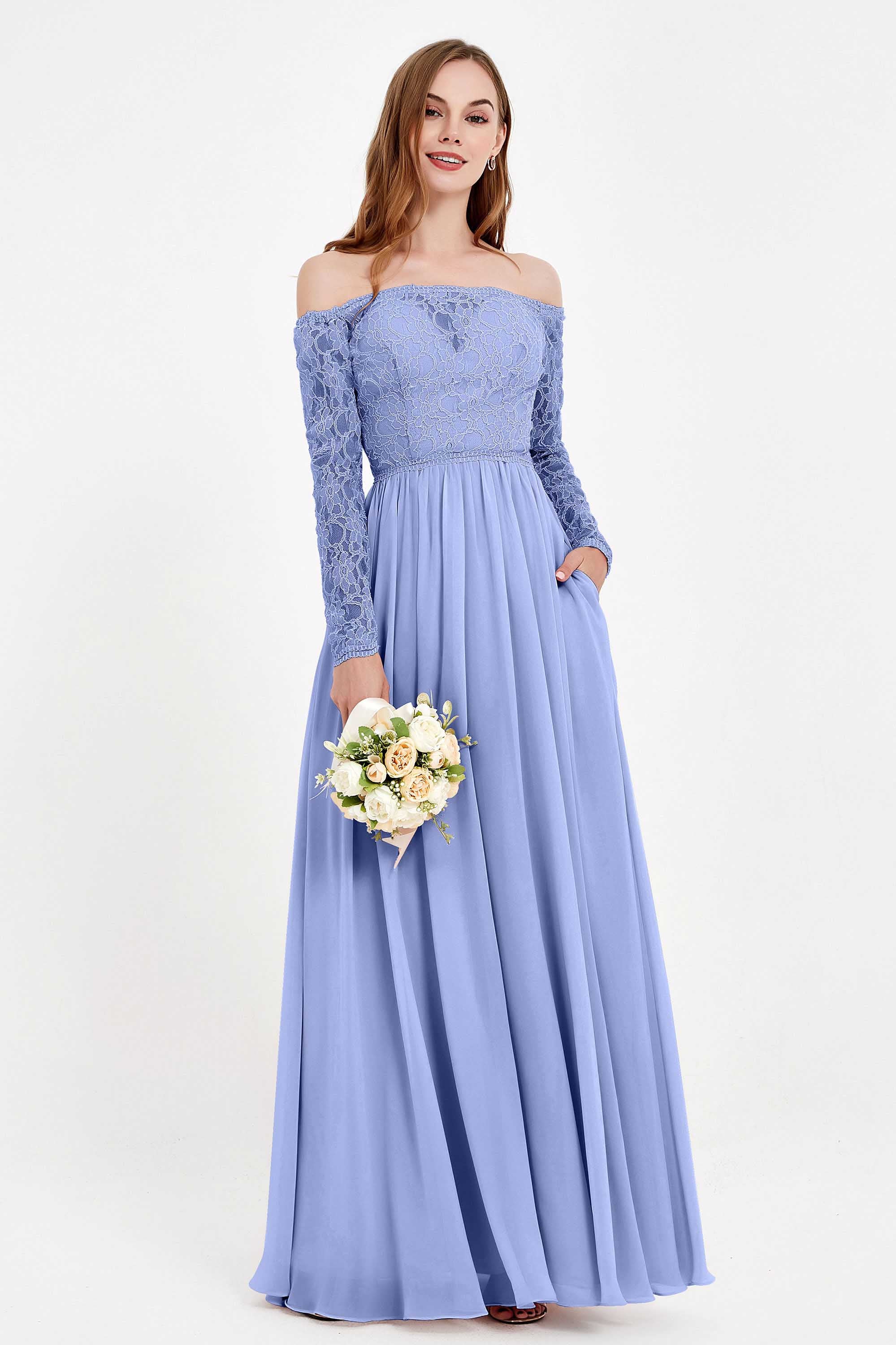 Flowy Chiffon Lace off the shoulder Bridesmaid Dress Long sleeves Formal Evening Party Dresses