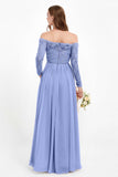 Flowy Chiffon Lace off the shoulder Bridesmaid Dress Long sleeves Formal Evening Party Dresses