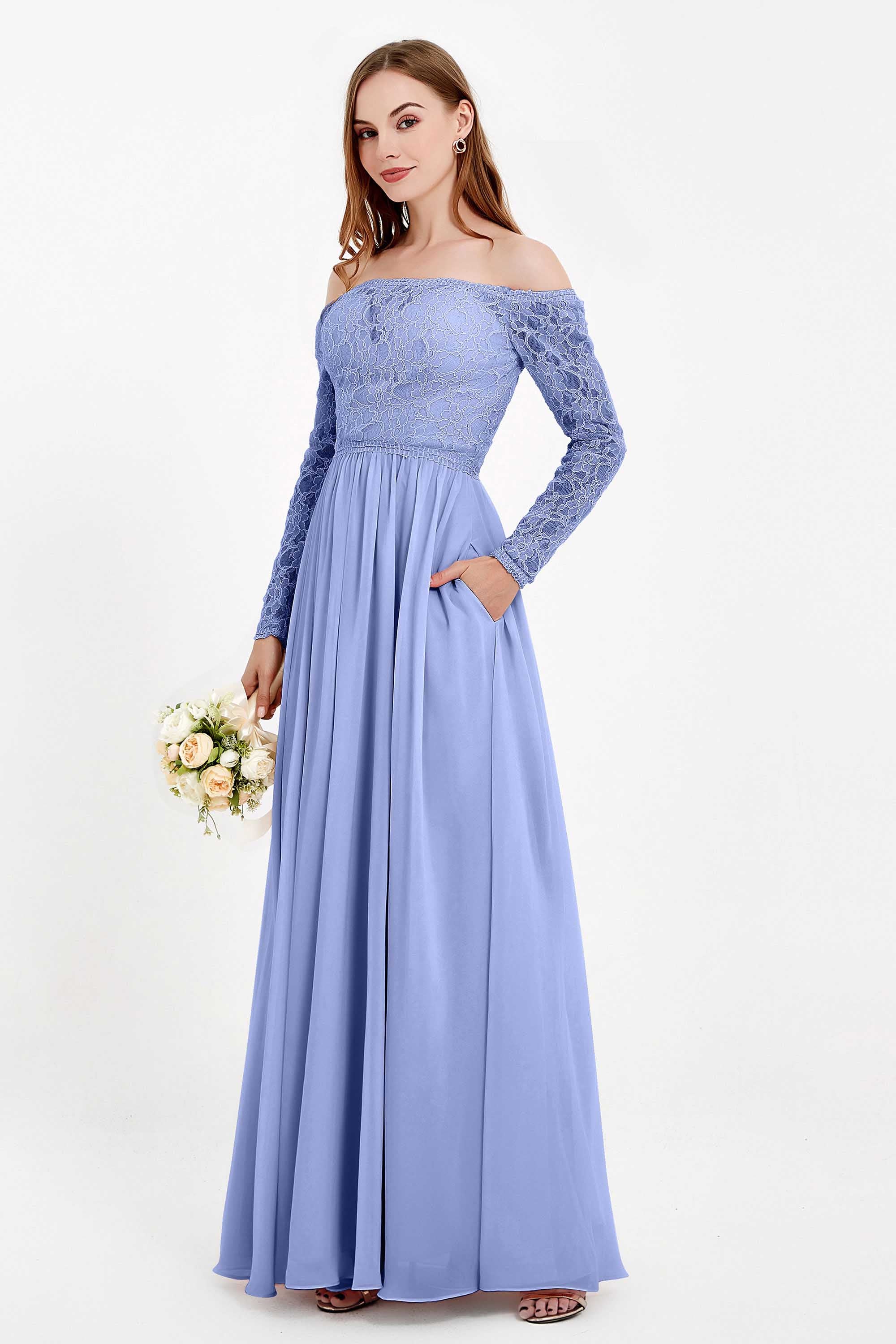 Flowy Chiffon Lace off the shoulder Bridesmaid Dress Long sleeves Formal Evening Party Dresses