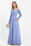 Flowy Chiffon Lace off the shoulder Bridesmaid Dress Long sleeves Formal Evening Party Dresses