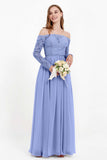 Flowy Chiffon Lace off the shoulder Bridesmaid Dress Long sleeves Formal Evening Party Dresses