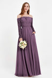 Flowy Chiffon Lace off the shoulder Bridesmaid Dress Long sleeves Formal Evening Party Dresses