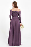 Flowy Chiffon Lace off the shoulder Bridesmaid Dress Long sleeves Formal Evening Party Dresses