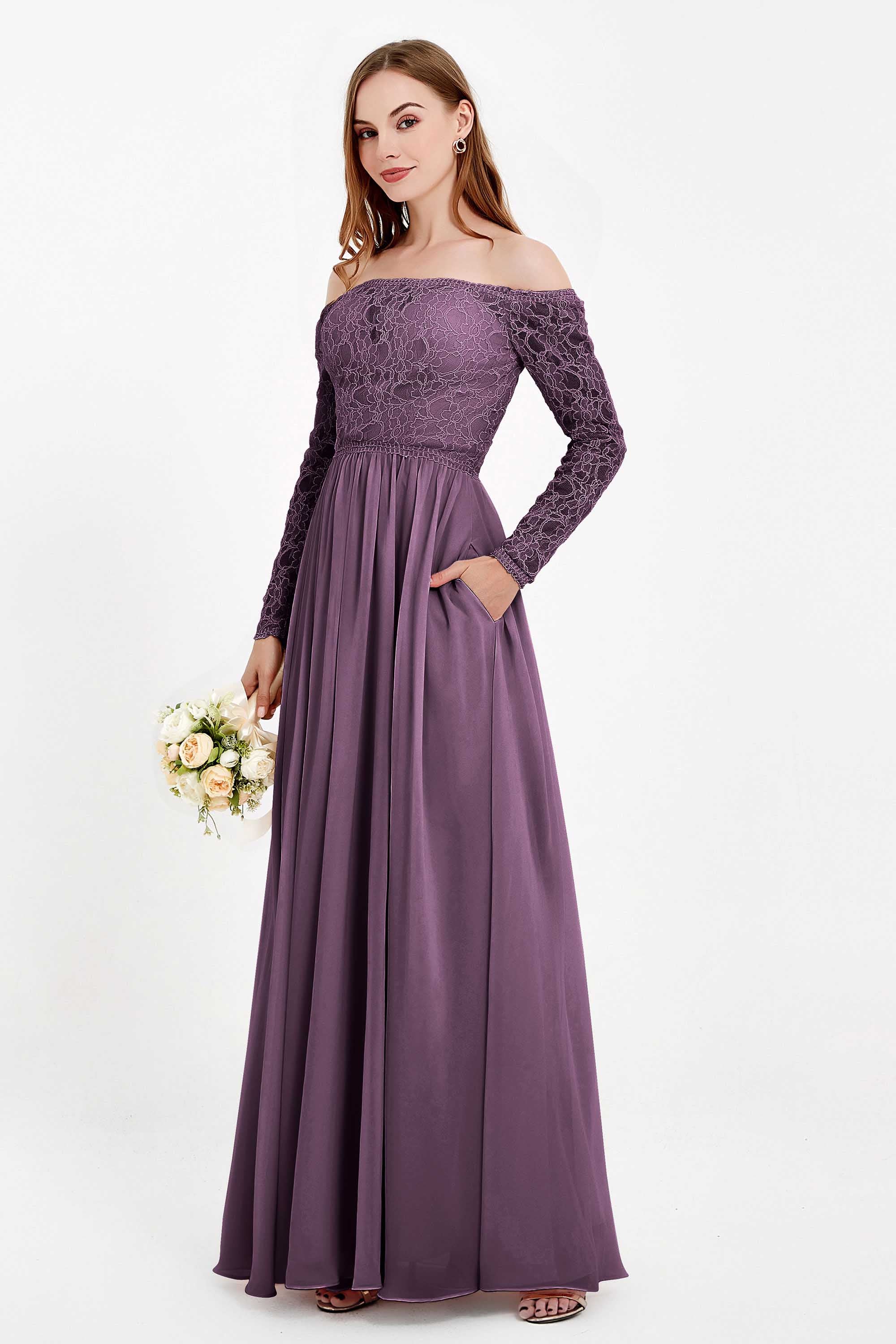 Flowy Chiffon Lace off the shoulder Bridesmaid Dress Long sleeves Formal Evening Party Dresses