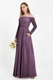 Flowy Chiffon Lace off the shoulder Bridesmaid Dress Long sleeves Formal Evening Party Dresses