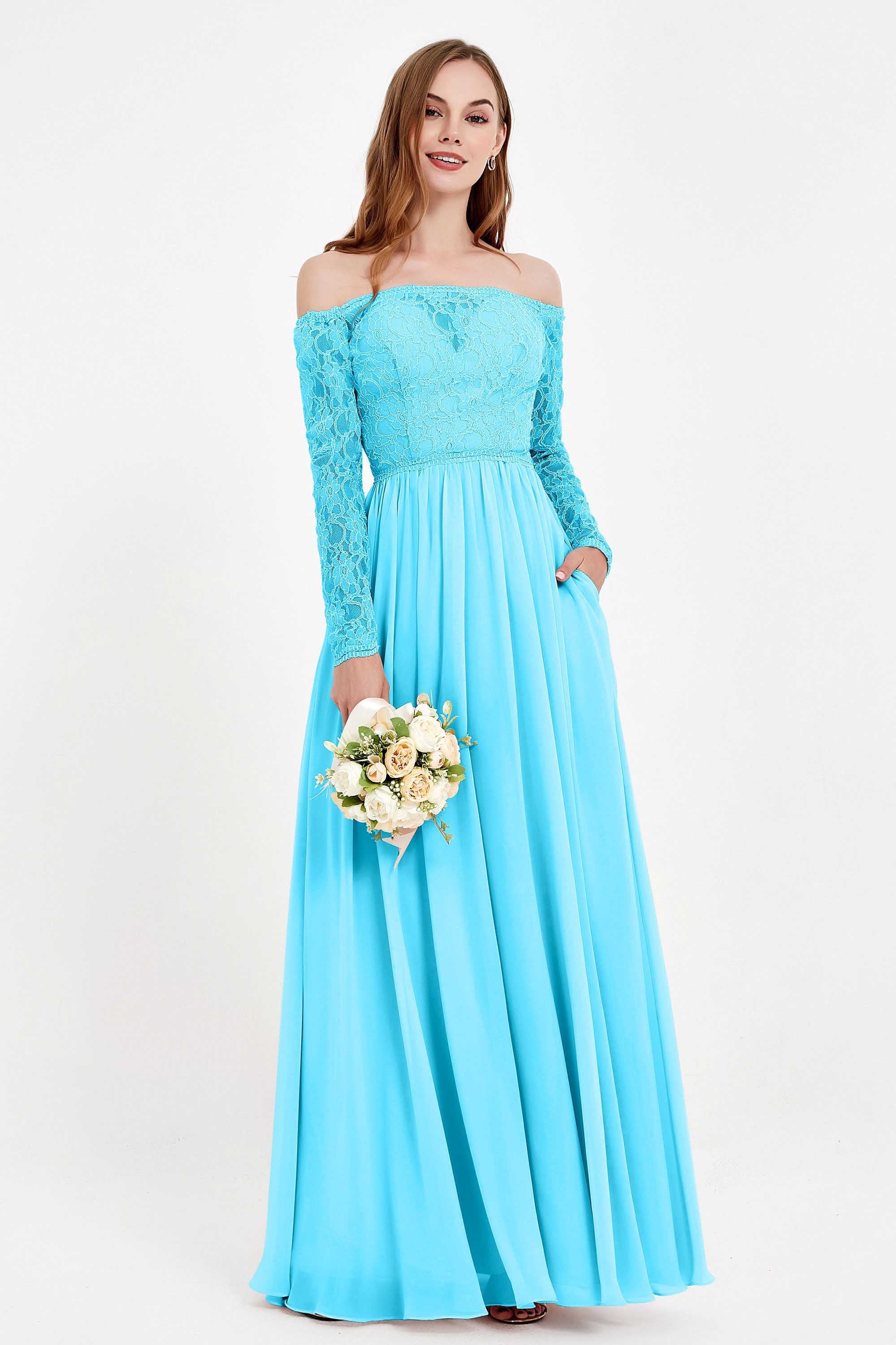 Flowy Chiffon Lace off the shoulder Bridesmaid Dress Long sleeves Formal Evening Party Dresses