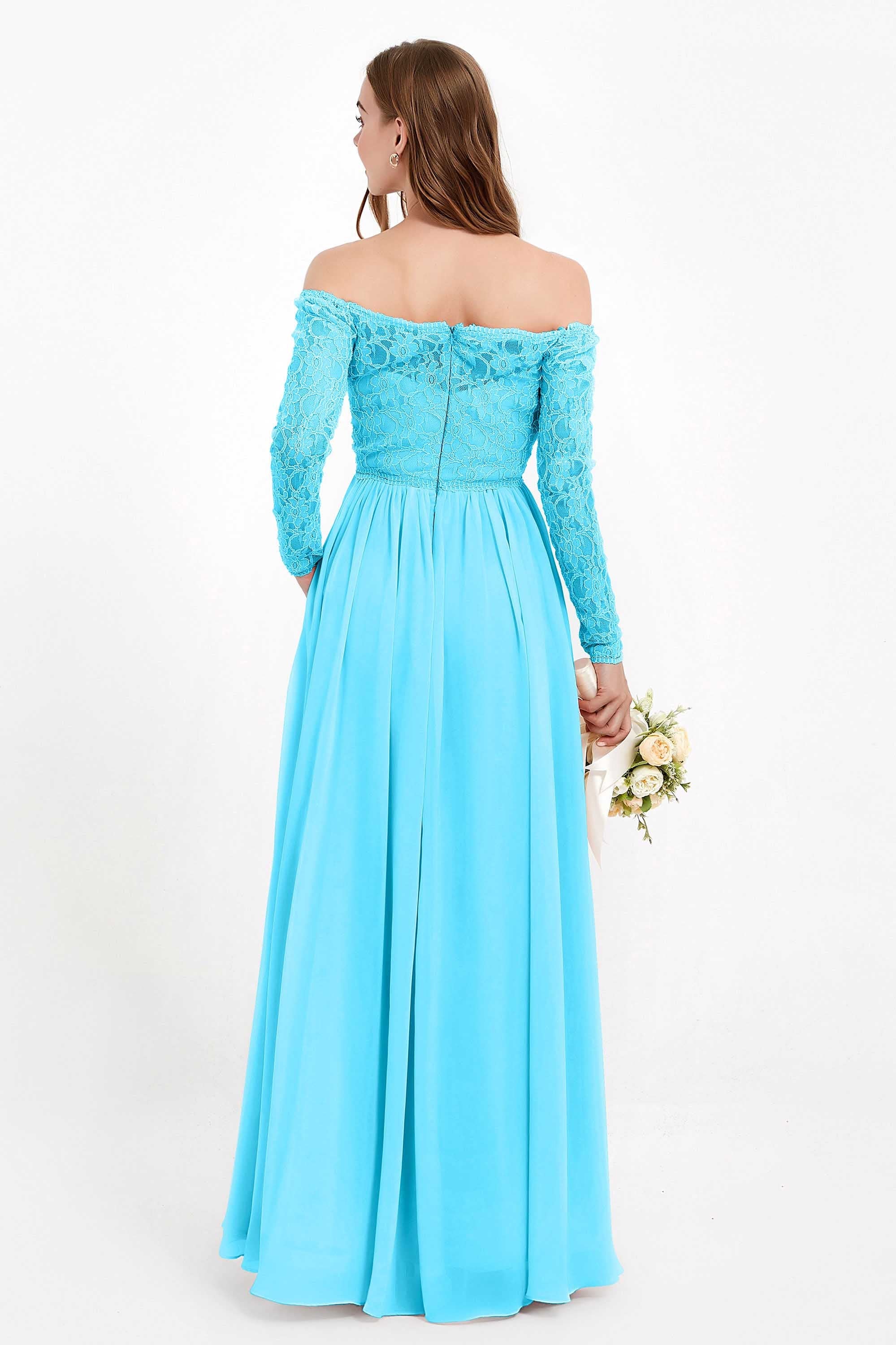 Flowy Chiffon Lace off the shoulder Bridesmaid Dress Long sleeves Formal Evening Party Dresses