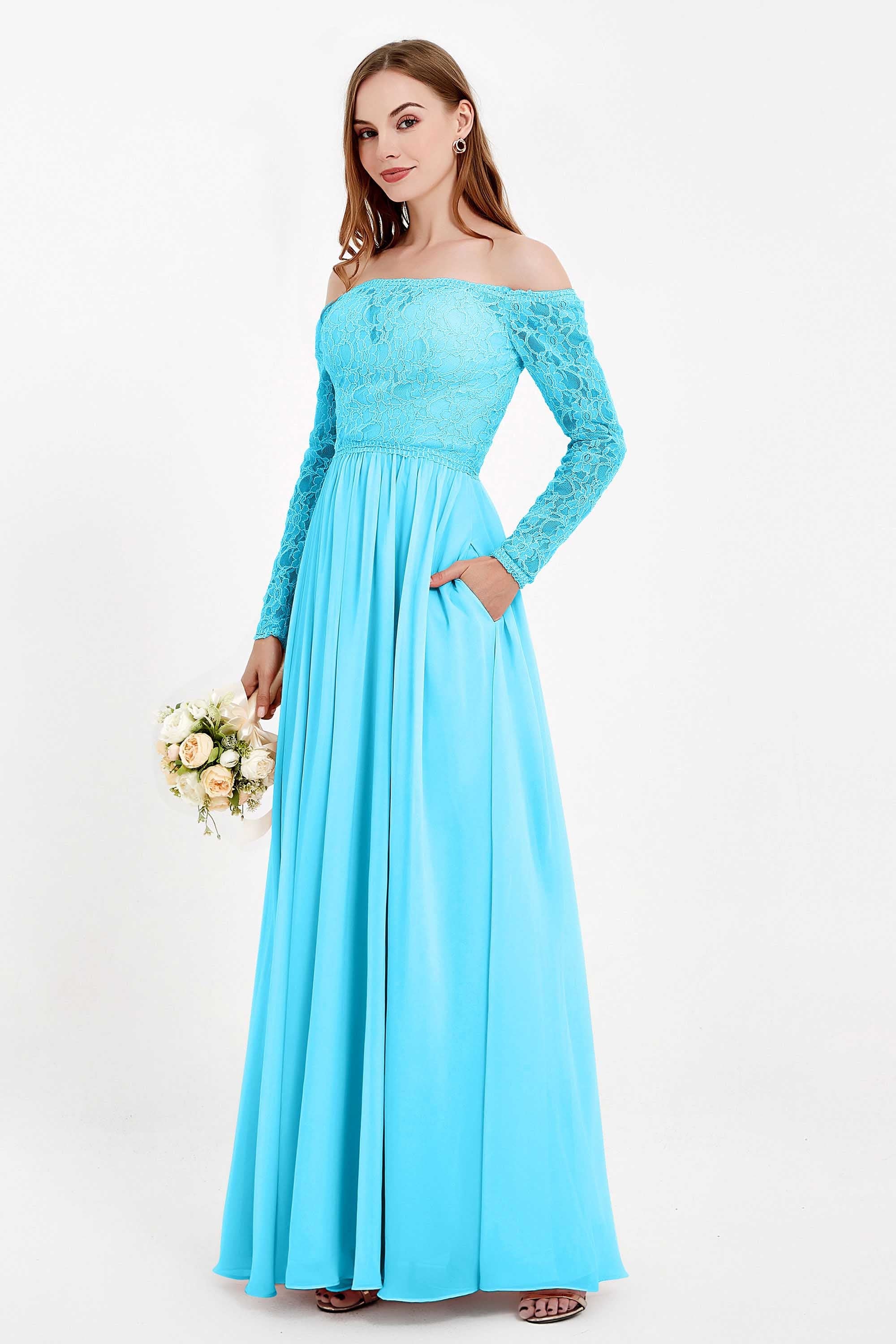 Flowy Chiffon Lace off the shoulder Bridesmaid Dress Long sleeves Formal Evening Party Dresses