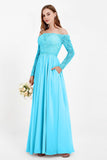 Flowy Chiffon Lace off the shoulder Bridesmaid Dress Long sleeves Formal Evening Party Dresses