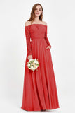 Flowy Chiffon Lace off the shoulder Bridesmaid Dress Long sleeves Formal Evening Party Dresses