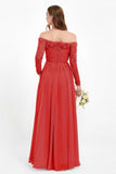 Flowy Chiffon Lace off the shoulder Bridesmaid Dress Long sleeves Formal Evening Party Dresses
