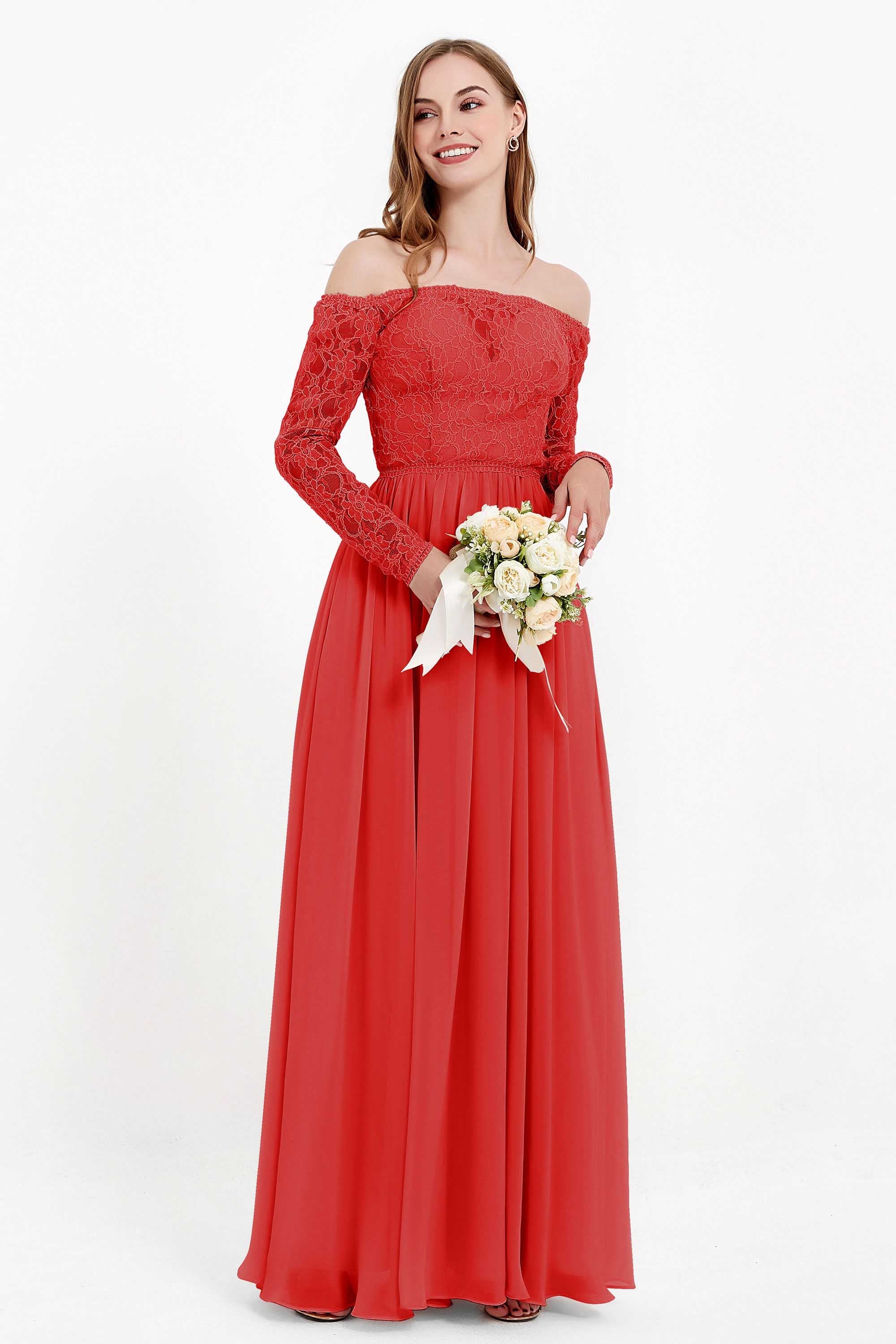 Flowy Chiffon Lace off the shoulder Bridesmaid Dress Long sleeves Formal Evening Party Dresses