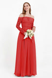 Flowy Chiffon Lace off the shoulder Bridesmaid Dress Long sleeves Formal Evening Party Dresses