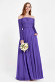 Flowy Chiffon Lace off the shoulder Bridesmaid Dress Long sleeves Formal Evening Party Dresses