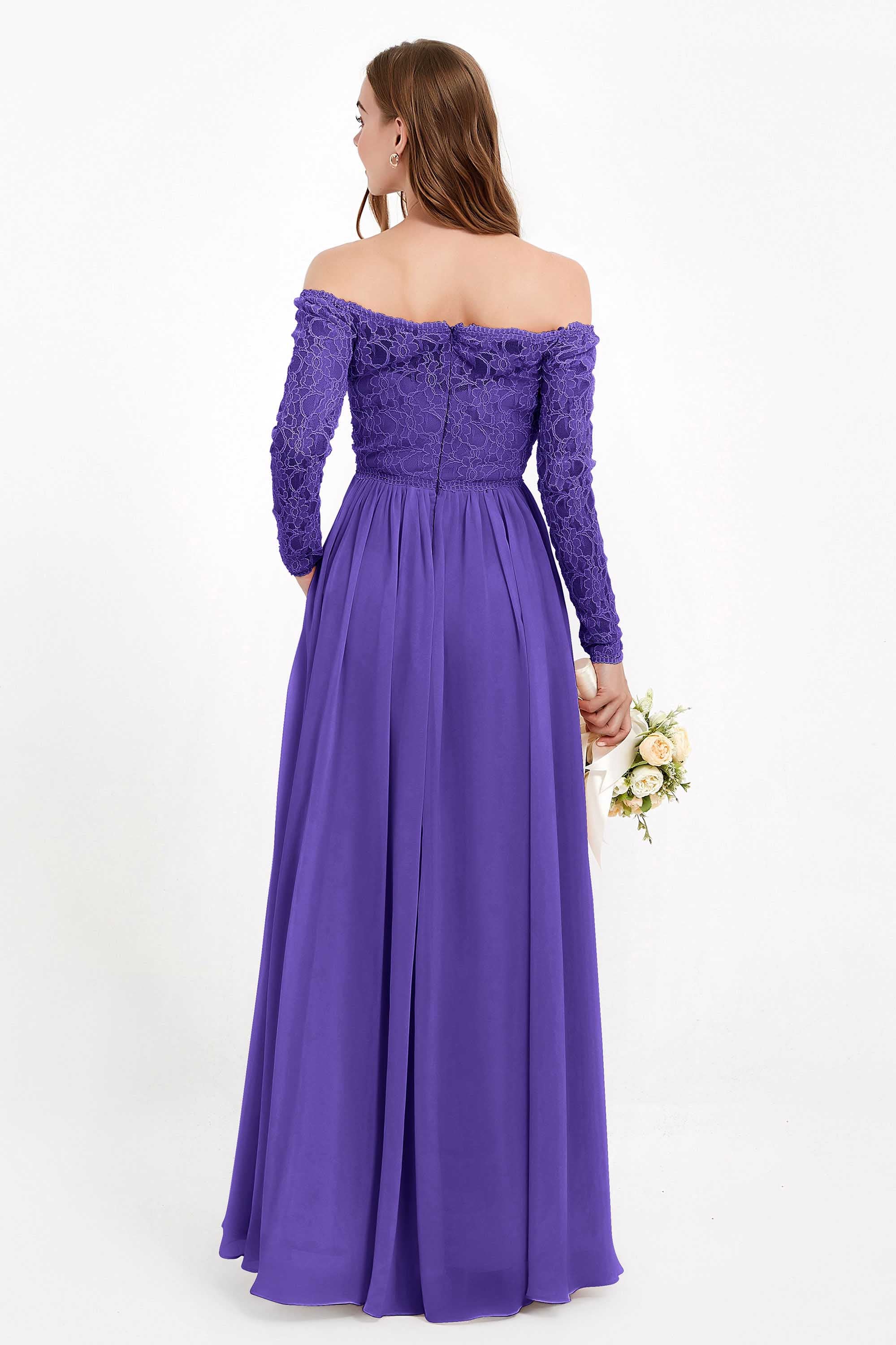 Flowy Chiffon Lace off the shoulder Bridesmaid Dress Long sleeves Formal Evening Party Dresses