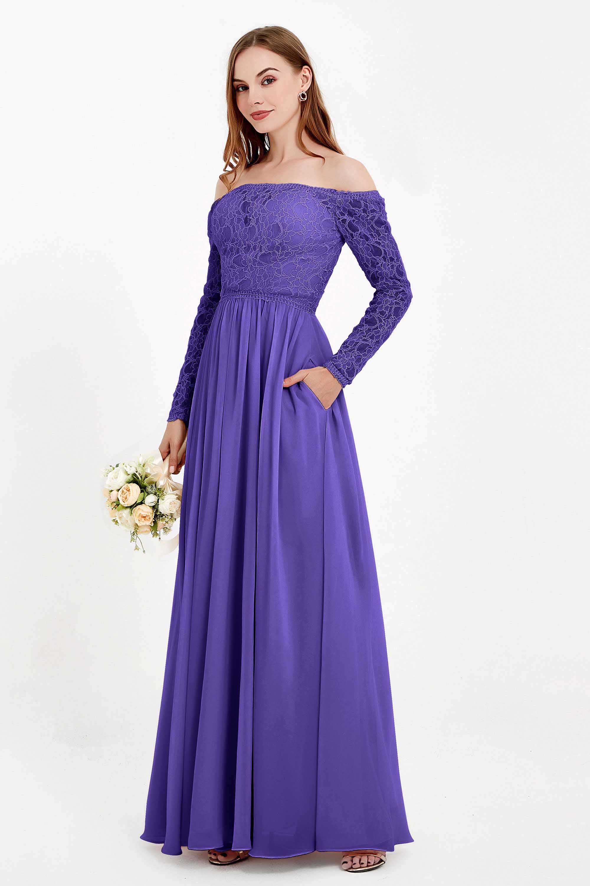 Flowy Chiffon Lace off the shoulder Bridesmaid Dress Long sleeves Formal Evening Party Dresses