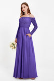 Flowy Chiffon Lace off the shoulder Bridesmaid Dress Long sleeves Formal Evening Party Dresses