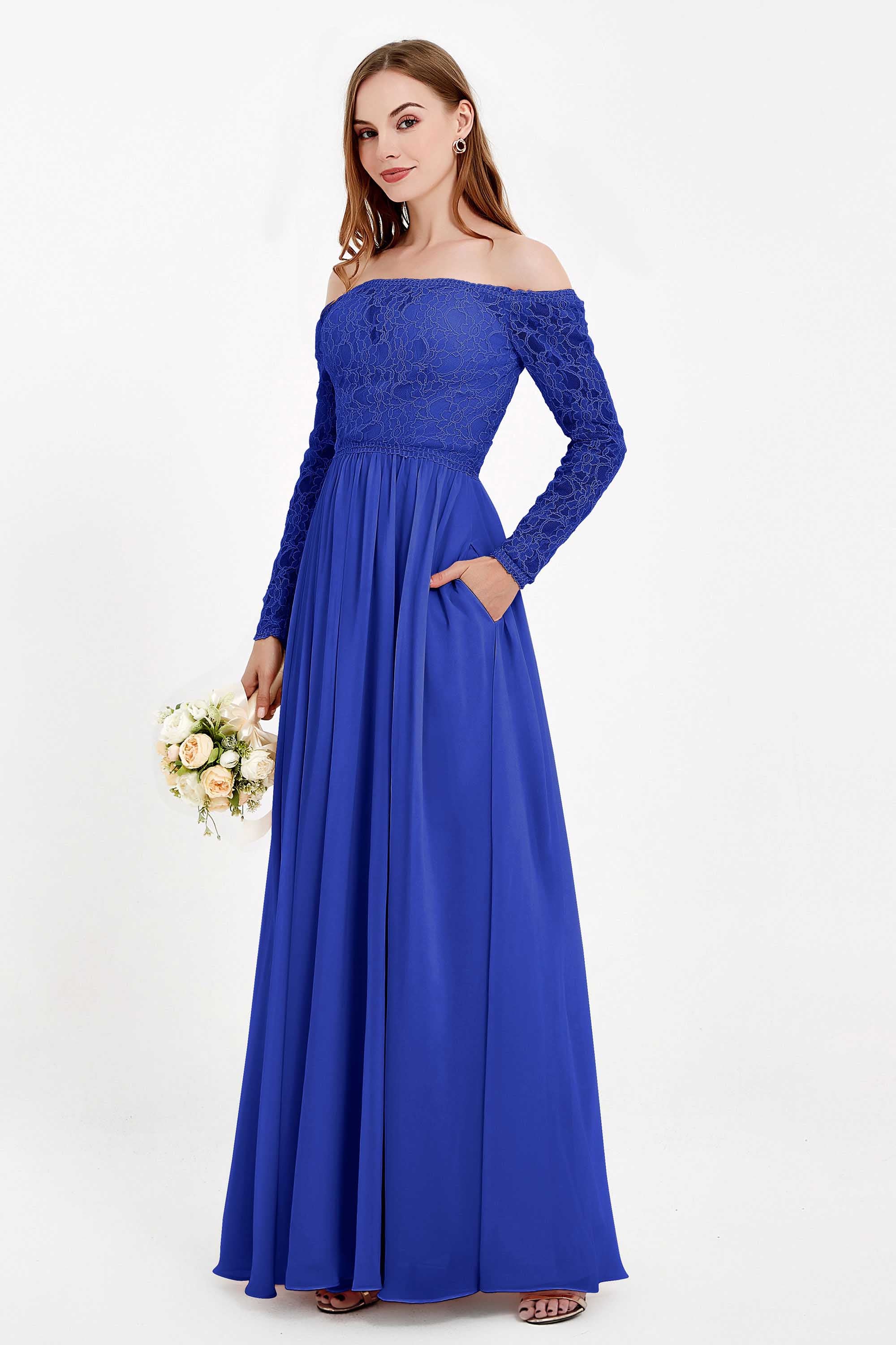 Flowy Chiffon Lace off the shoulder Bridesmaid Dress Long sleeves Formal Evening Party Dresses