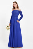 Flowy Chiffon Lace off the shoulder Bridesmaid Dress Long sleeves Formal Evening Party Dresses