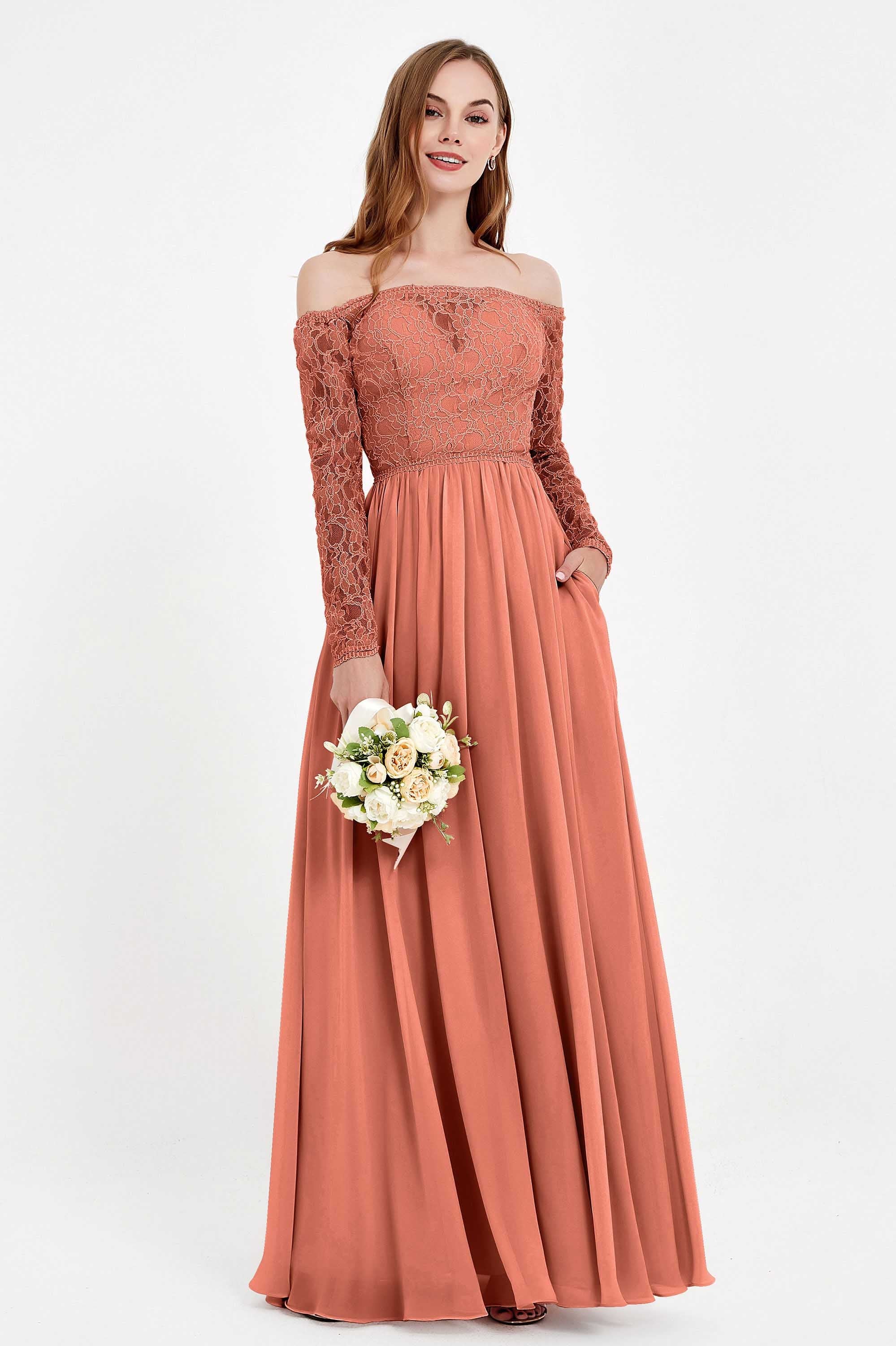 Flowy Chiffon Lace off the shoulder Bridesmaid Dress Long sleeves Formal Evening Party Dresses