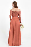 Flowy Chiffon Lace off the shoulder Bridesmaid Dress Long sleeves Formal Evening Party Dresses