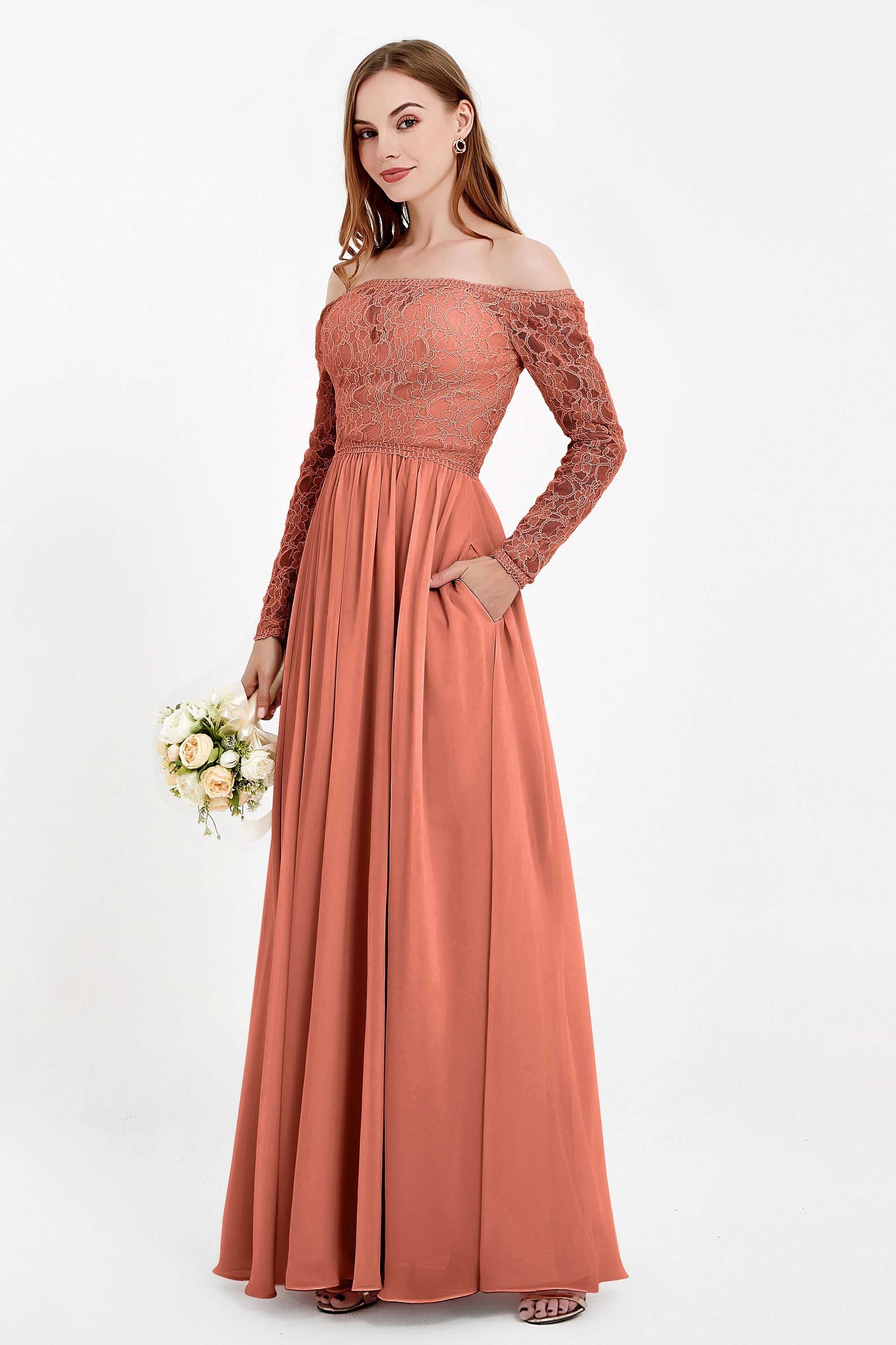 Flowy Chiffon Lace off the shoulder Bridesmaid Dress Long sleeves Formal Evening Party Dresses